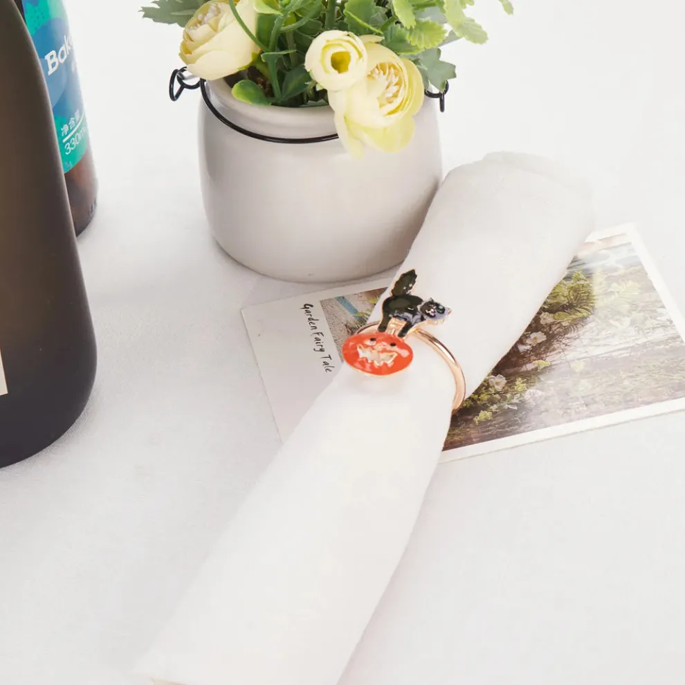 Karaca Halloween Pumpkin with Cat Napkin Ring Set, 2 Piece, 6.5cm, Black Orange