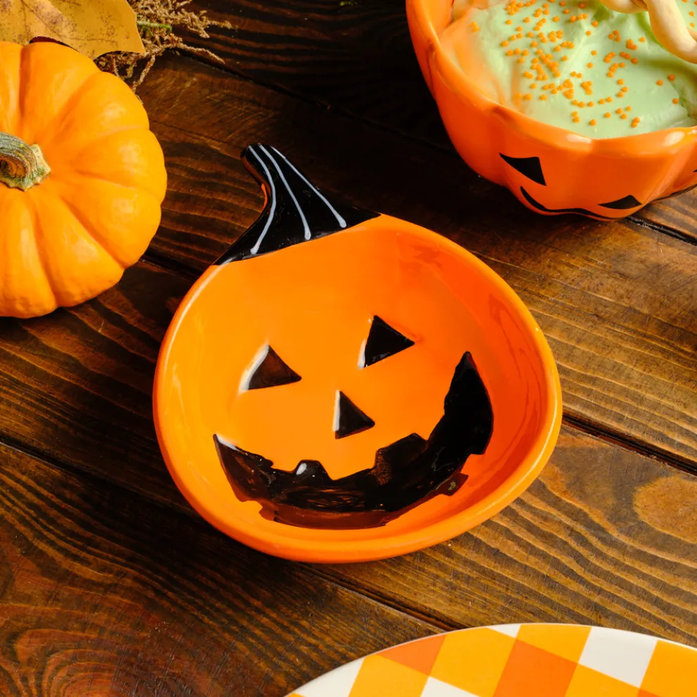 Karaca Halloween Pumpkin Lee Ceramic Snack Bowl, 12cm, Black White