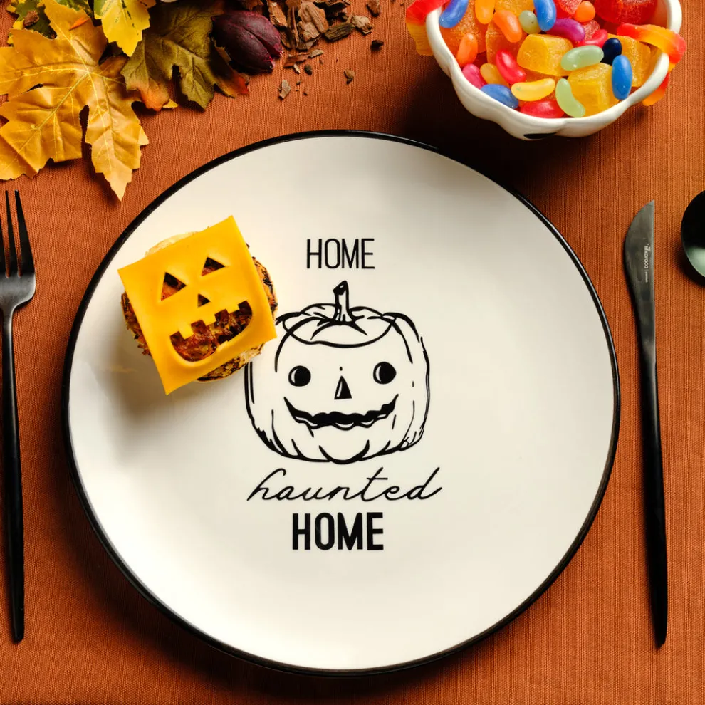 Karaca Halloween Pumpkin Ceramic Serving Platter, 27cm, Black White