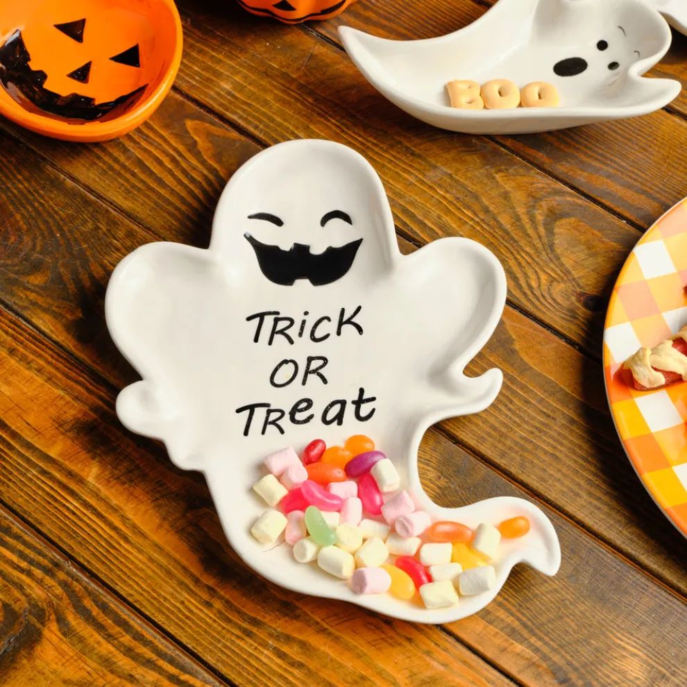 Karaca Halloween Trick or Treat Ceramic Serving Platter, 28cm, Black White