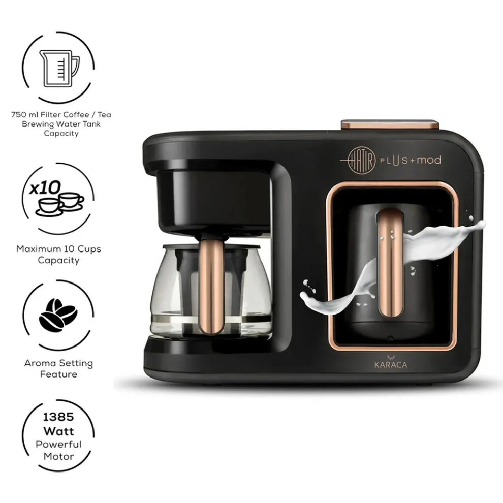 Karaca Hatır Plus Mod 5 in 1 Tea, Coffee Maker and Milk Steamer, 1385W, Black Copper