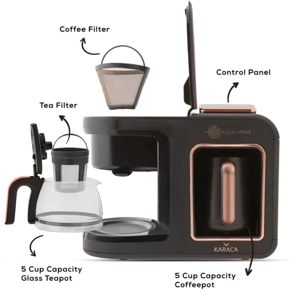 Karaca Hatır Plus Mod 5 in 1 Tea, Coffee Maker and Milk Steamer, 1385W, Black Copper