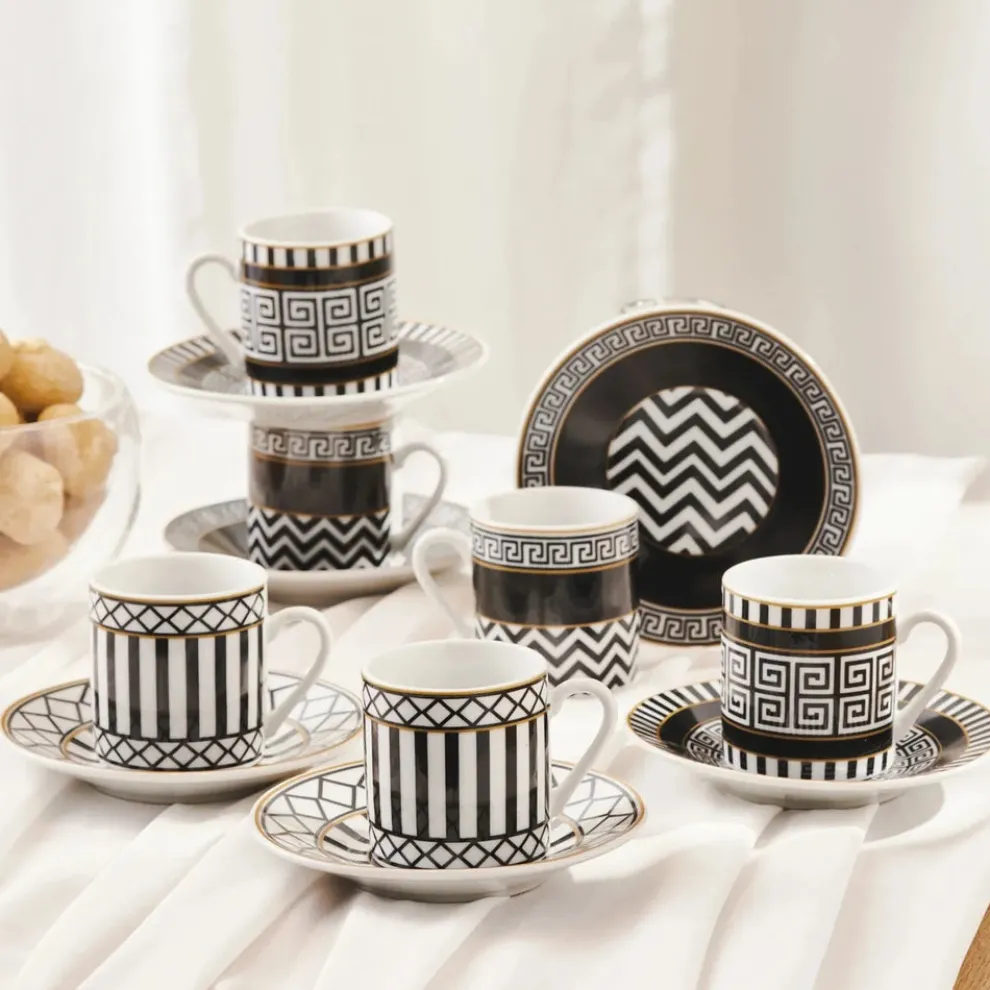 Karaca Helenistik 12-Piece Porcelain Espresso Turkish Coffee Cup Set for 6 People, 80ml, Black