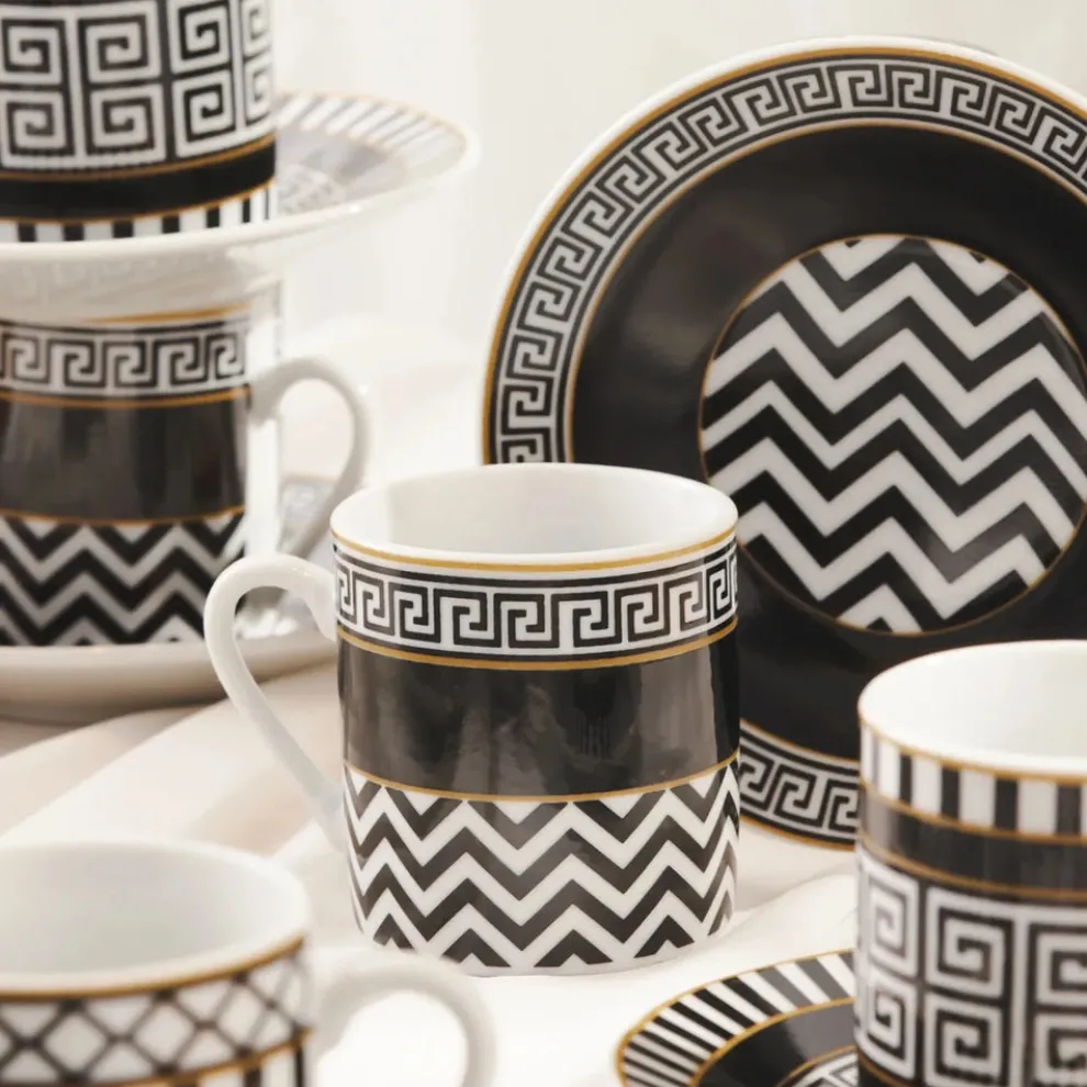 Karaca Helenistik 12-Piece Porcelain Espresso Turkish Coffee Cup Set for 6 People, 80ml, Black