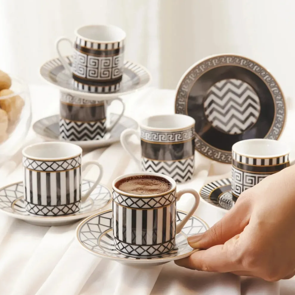 Karaca Helenistik 12-Piece Porcelain Espresso Turkish Coffee Cup Set for 6 People, 80ml, Black