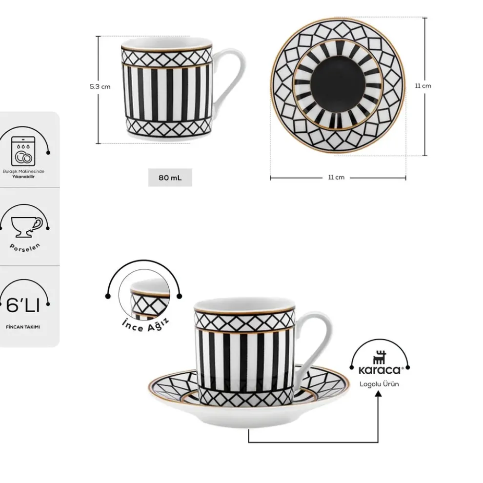 Karaca Helenistik 12-Piece Porcelain Espresso Turkish Coffee Cup Set for 6 People, 80ml, Black