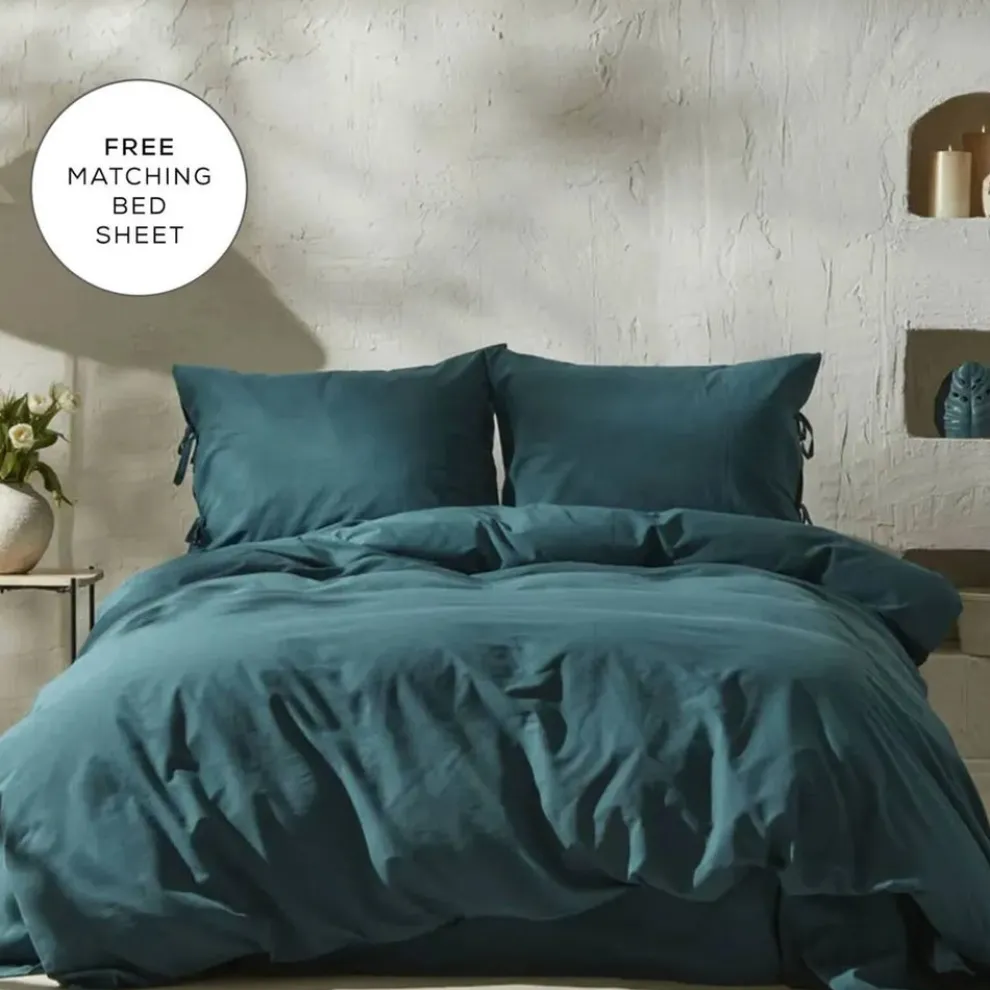 Karaca Home 4 Elements 100% Turkish Cotton Duvet Cover Set with Bed Sheet, Double, Petrol