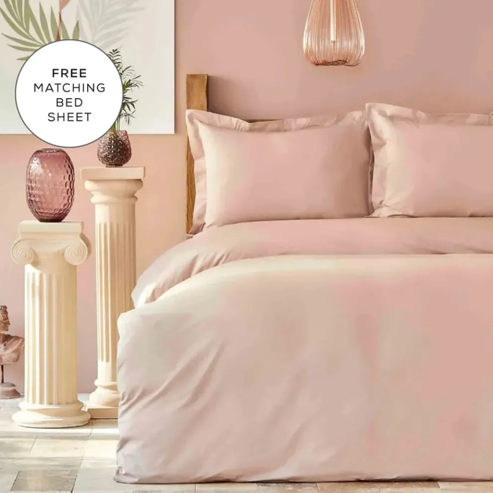 Karaca Home Back To Basic 100% Turkish Cotton Duvet Cover Set with Bed Sheet, Double, Dark Powder