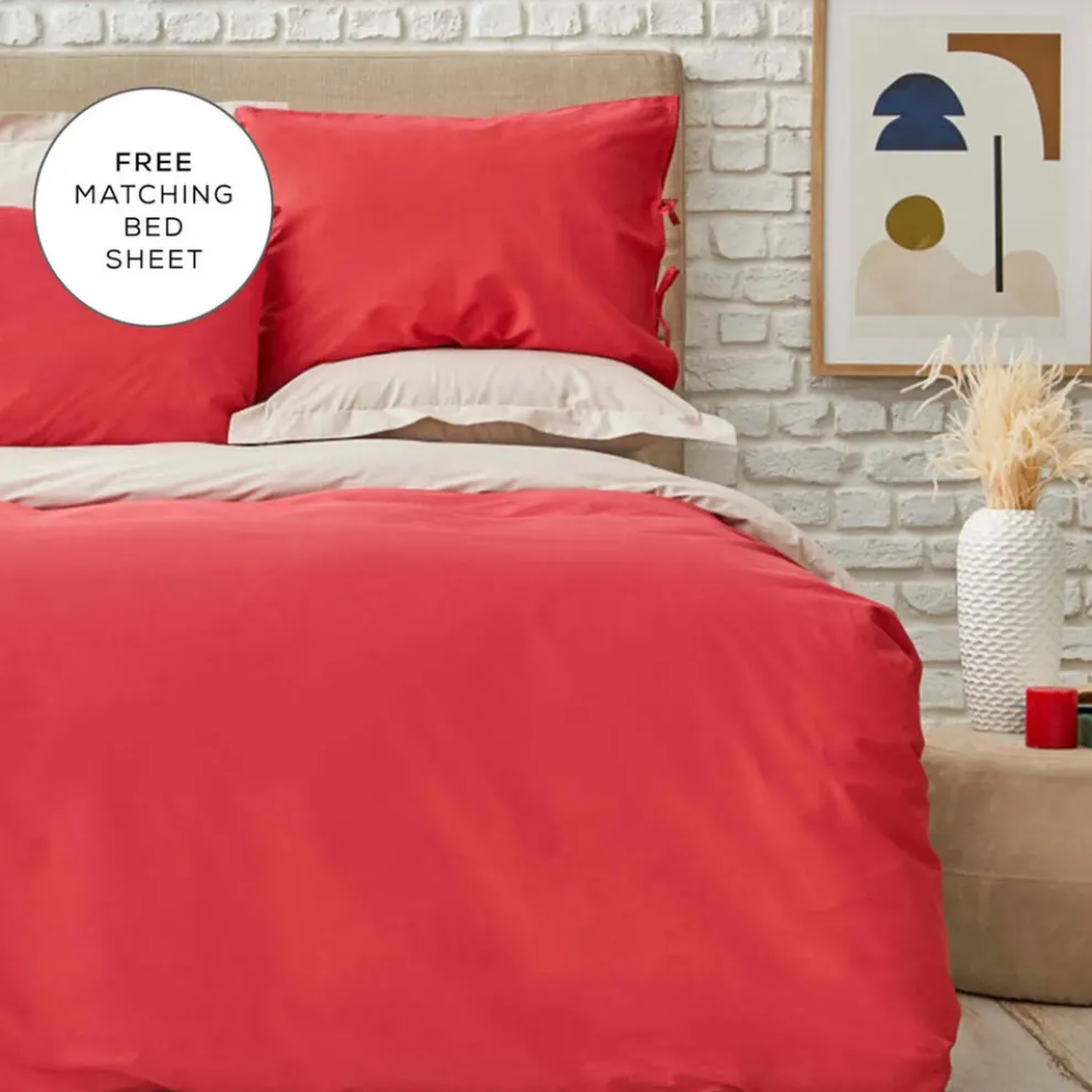 Karaca Home Basic 100% Turkish Cotton Duvet Cover Set with Bed Sheet, Double, Red Beige
