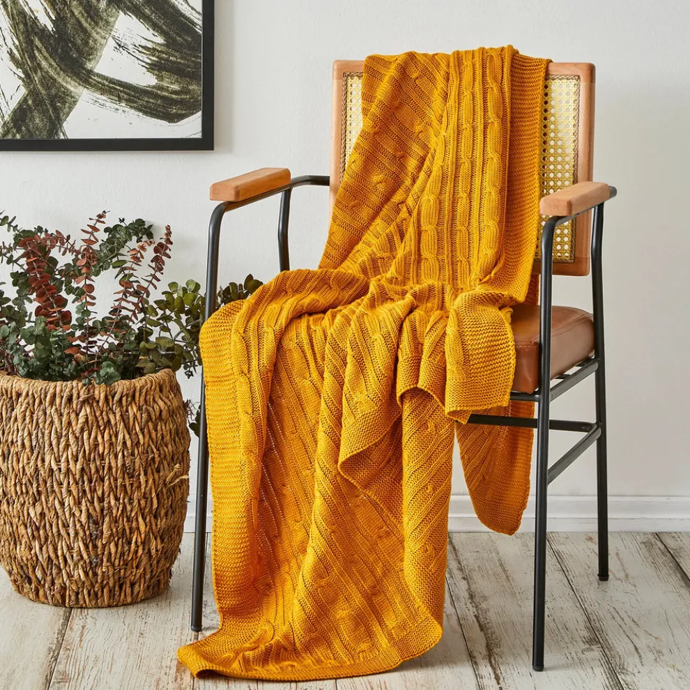 Karaca Home Cable Knit Throw, 130cmx170cm, Mustard