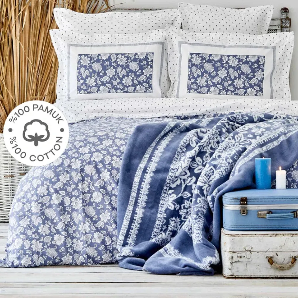 Karaca Home Celerina Blue 100% Turkish Cotton Fitted Duvet Cover Set, Double