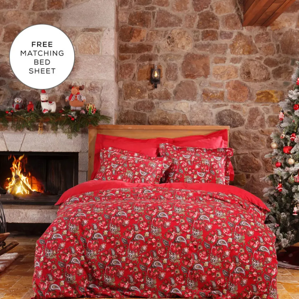 Karaca Home Despina 100% Turkish Cotton Flannel Duvet Cover Set with Bed Sheet, Double, Red Multi