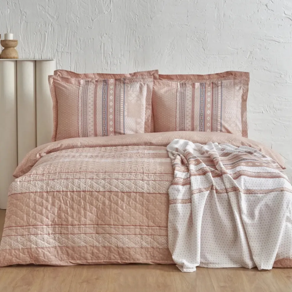 Karaca Home Keira Summer 100% Turkish Cotton Duvet Cover Set with Bed Sheet, Double, Salmon