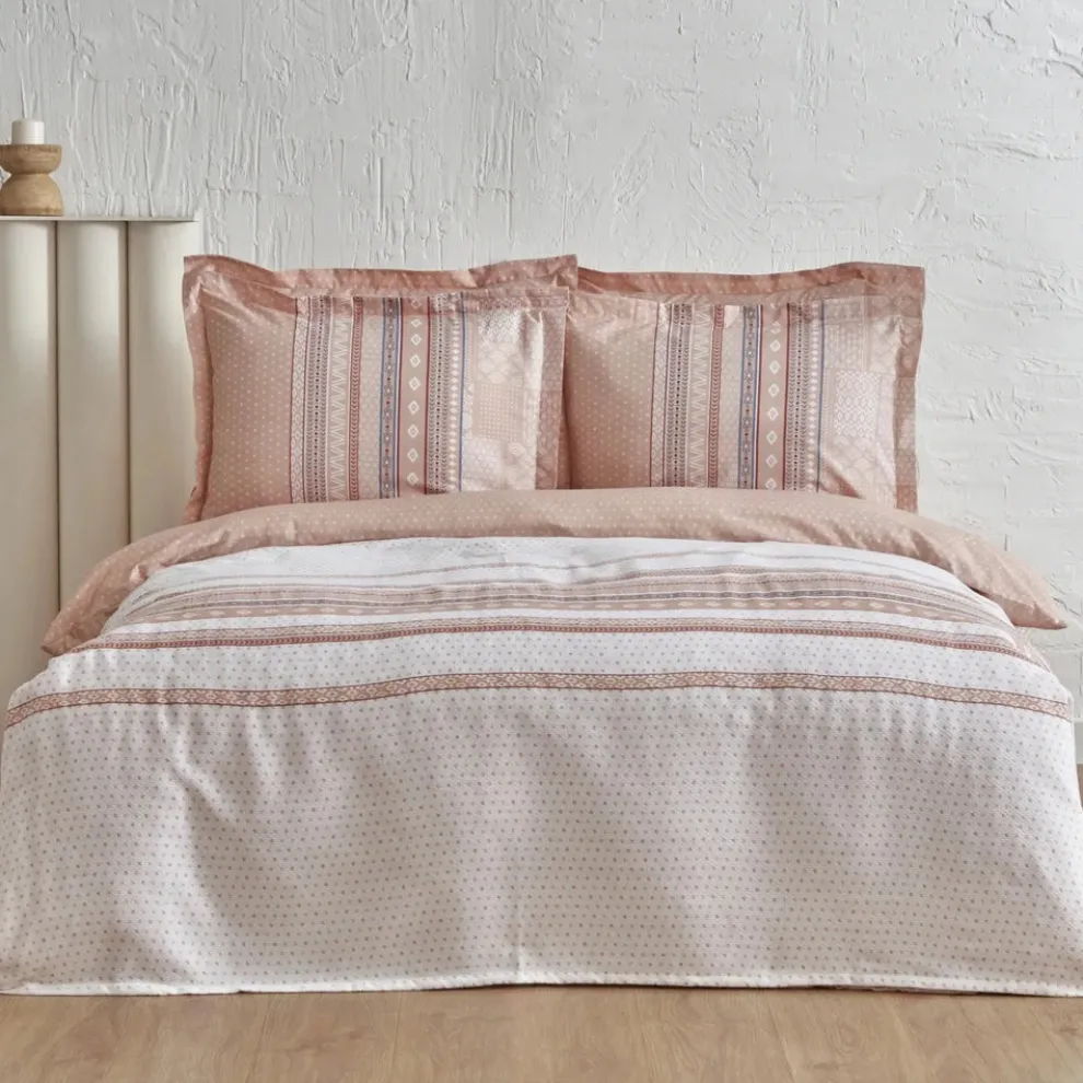 Karaca Home Keira Summer 100% Turkish Cotton Duvet Cover Set with Bed Sheet, Double, Salmon