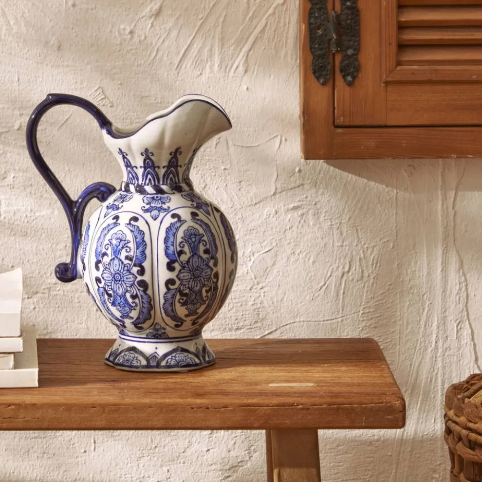 Karaca Home Lisbon Handled Vase, 18cm, White Blue