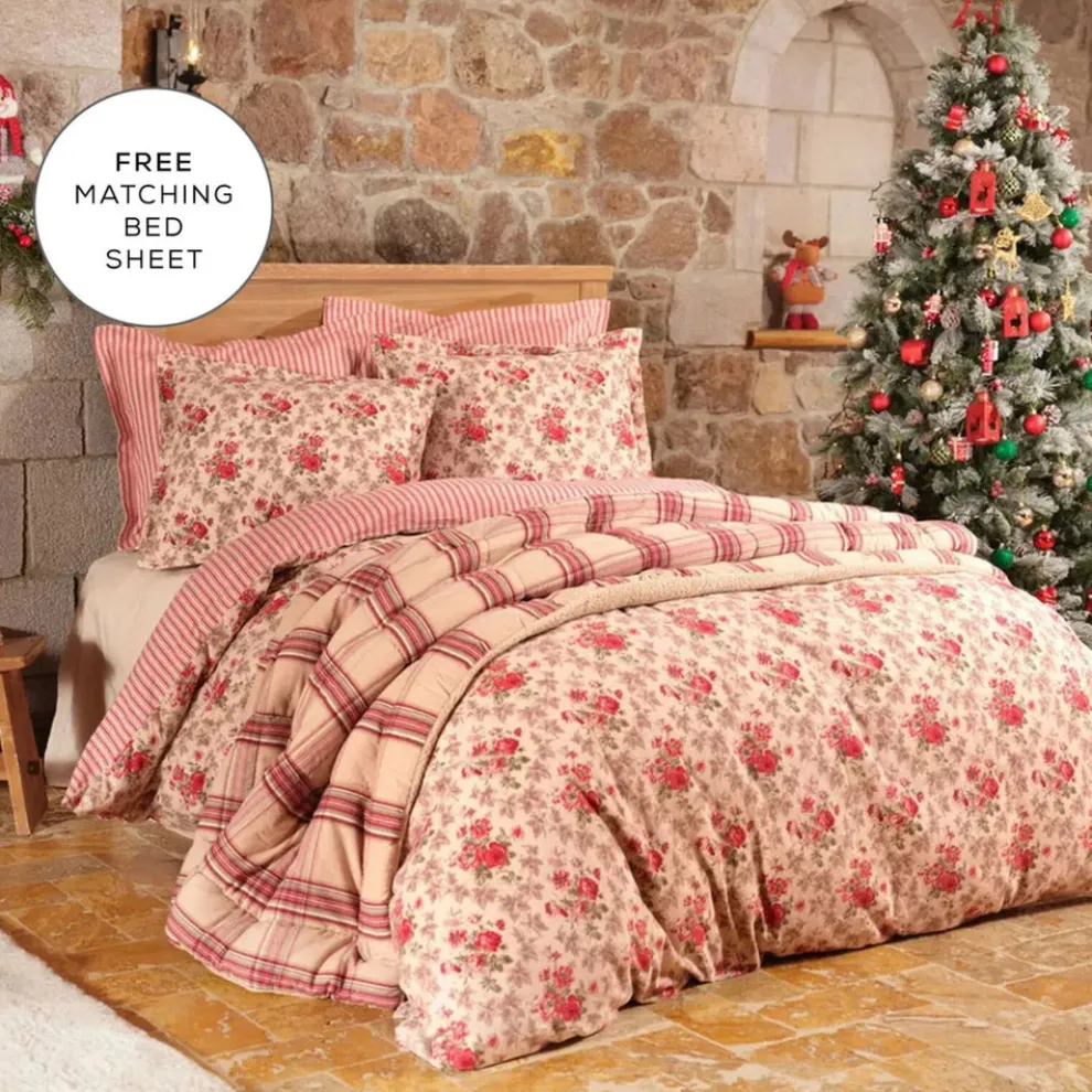 Karaca Home Luis 100% Turkish Cotton Flannel Duvet Cover Set with Bed Sheet, Double, Red Multi