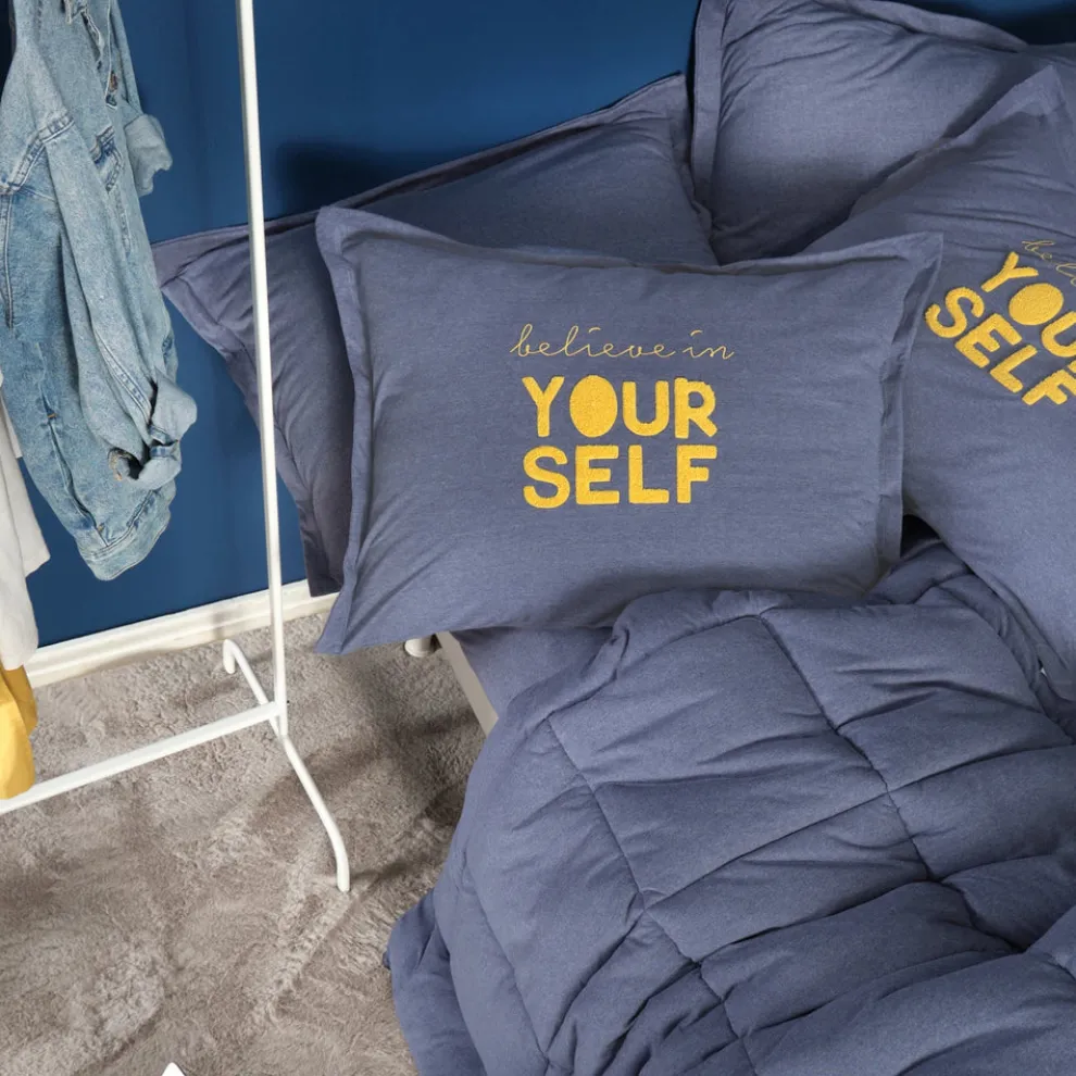 Karaca Home Motto 100% Turkish Cotton Comfort Bedding Set, Double, Indigo