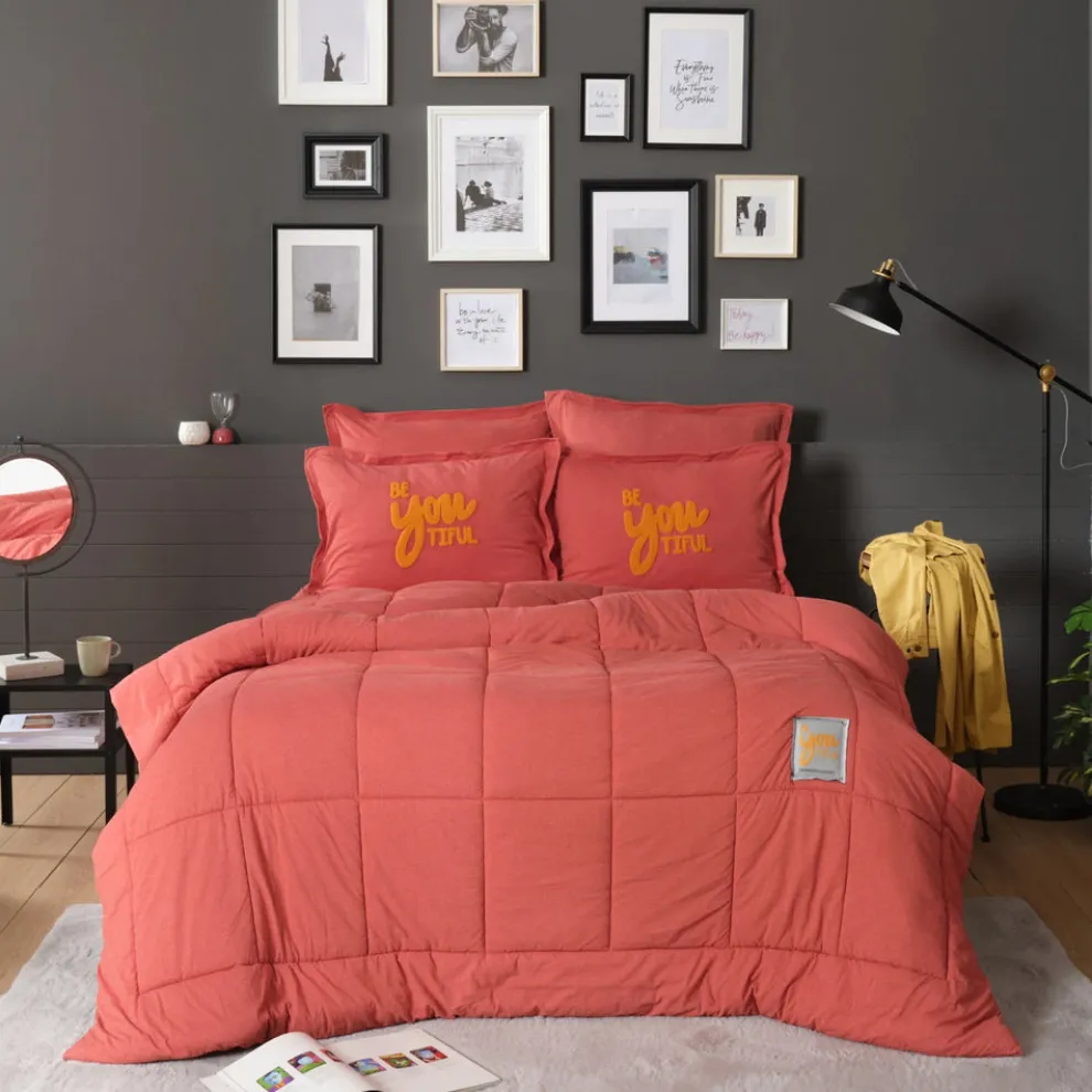 Karaca Home Motto 100% Turkish Cotton Comfort Bedding Set, Double, Red