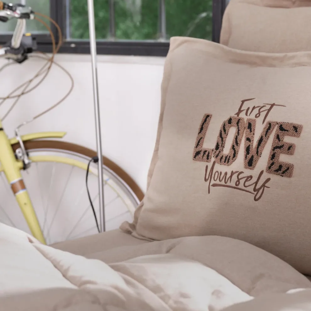 Karaca Home Motto 100% Turkish Cotton Comfort Bedding Set, Double, Beige