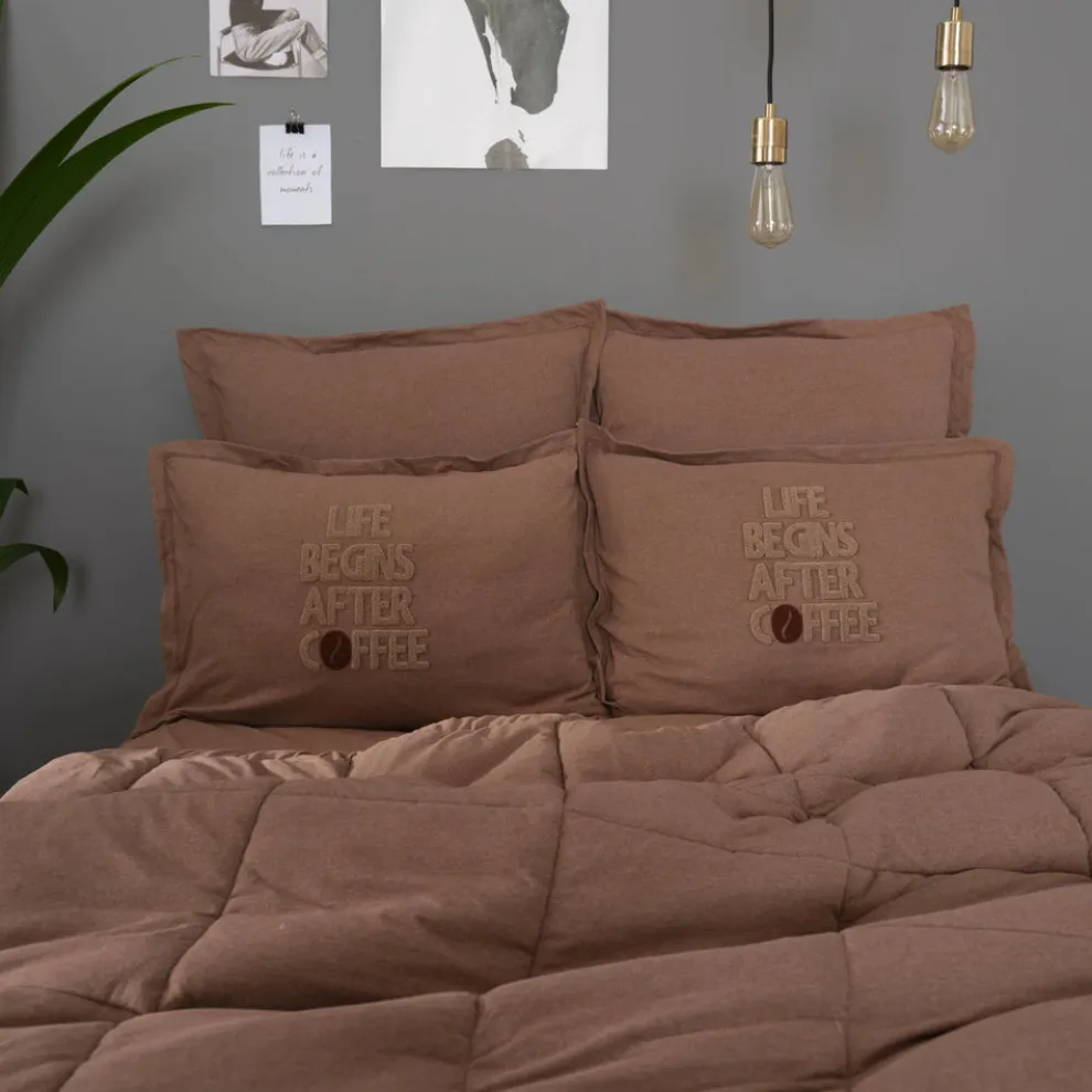 Karaca Home Motto 100% Turkish Cotton Comfort Bedding Set, Double, Brown