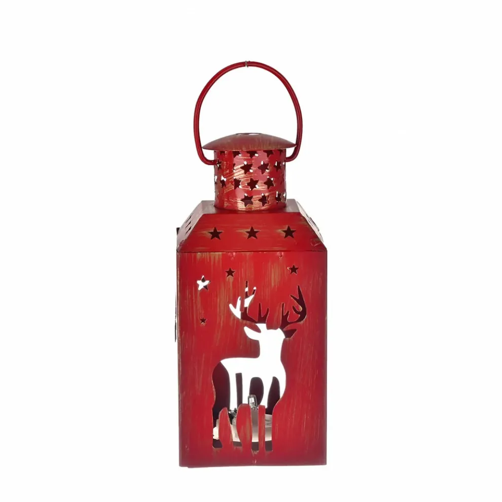Karaca Home New Year Christmas Deer Metal Decorative Led Light Lantern, 13cm, Red