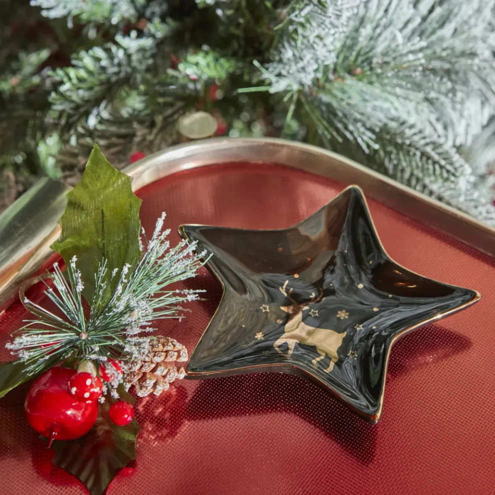 Karaca Home New Year Christmas Star Ceramic Decorative Plate, 15cm, Black Gold