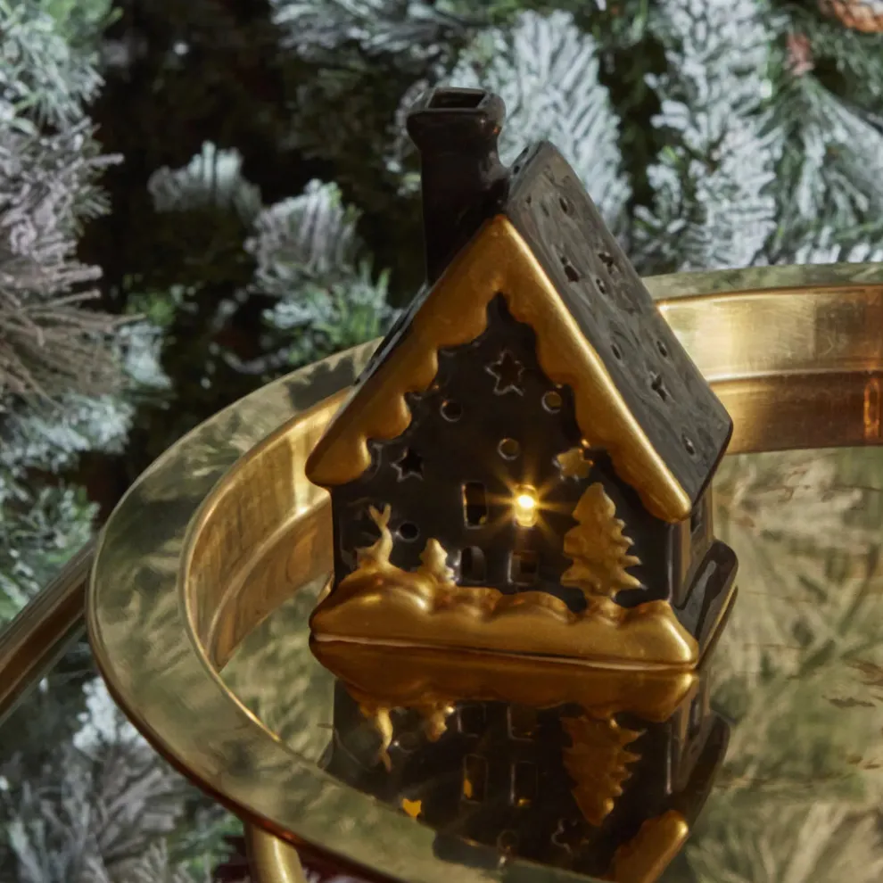 Karaca Home New Year Christmas Ceramic Lighting House Trinket, 12cm, Black Gold