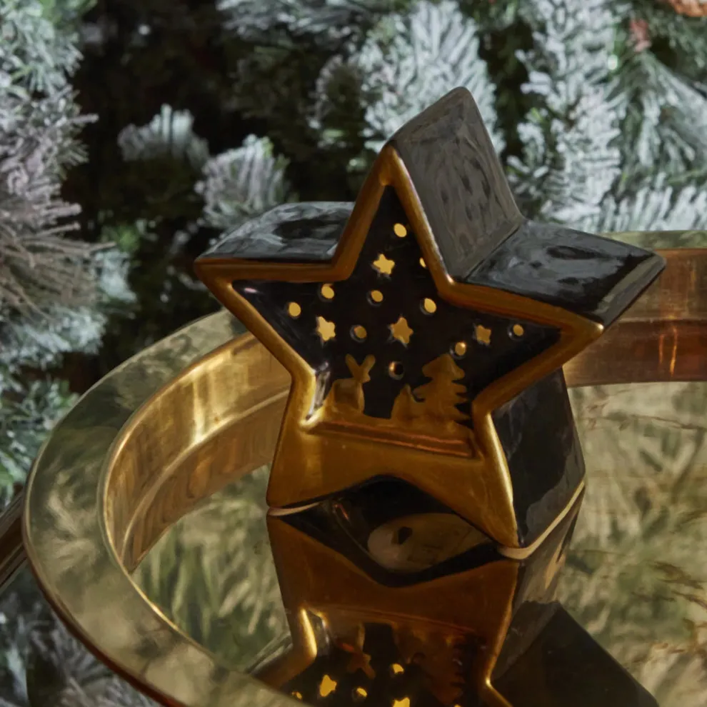 Karaca Home New Year Christmas Star Ceramic Lighting Trinket, 11cm, Black Gold
