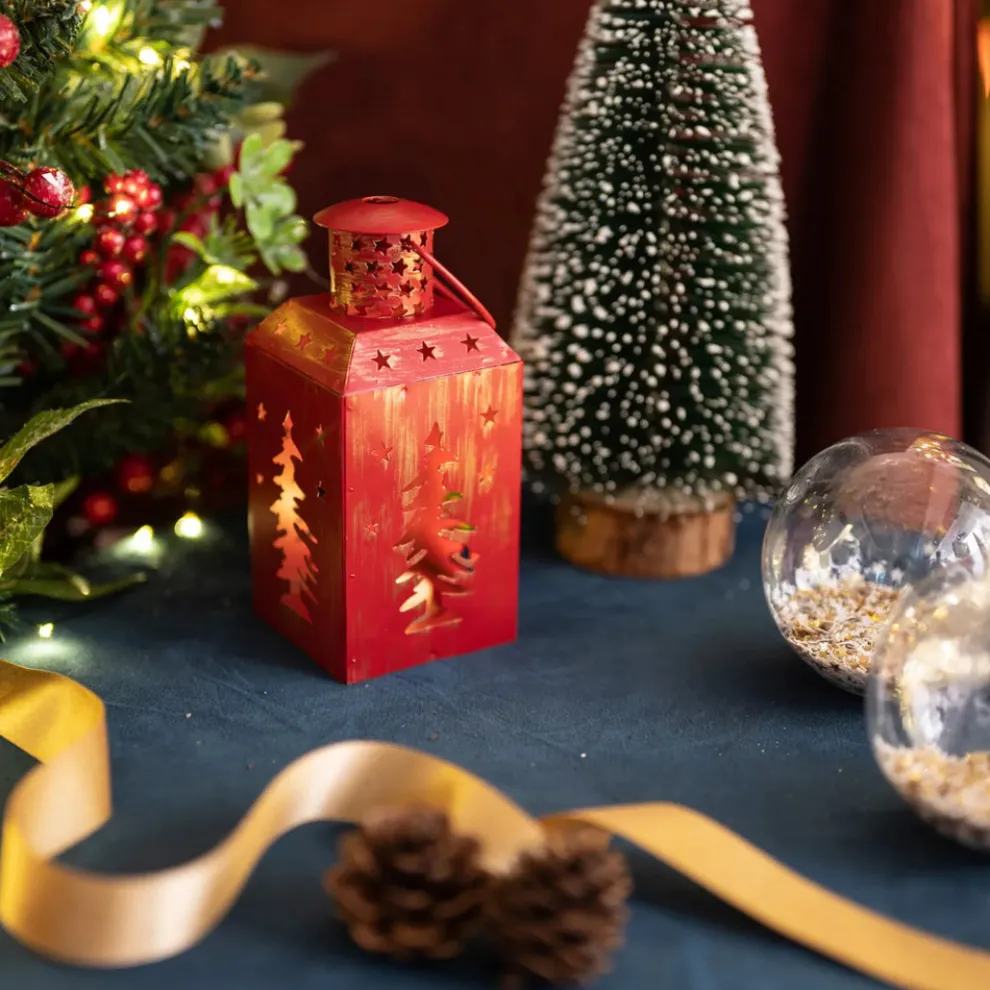 Karaca Home New Year Christmas Tree Metal Decorative Led Light Lantern, 13cm, Red