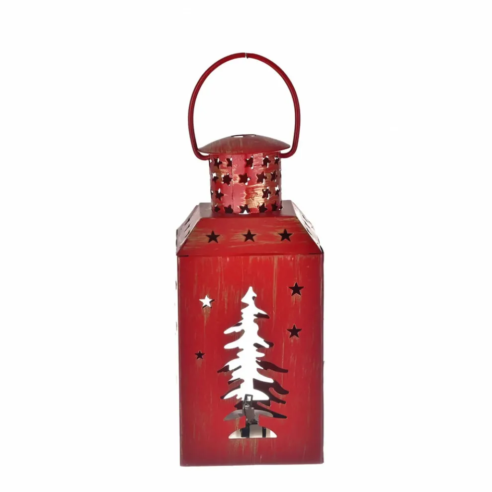 Karaca Home New Year Christmas Tree Metal Decorative Led Light Lantern, 13cm, Red