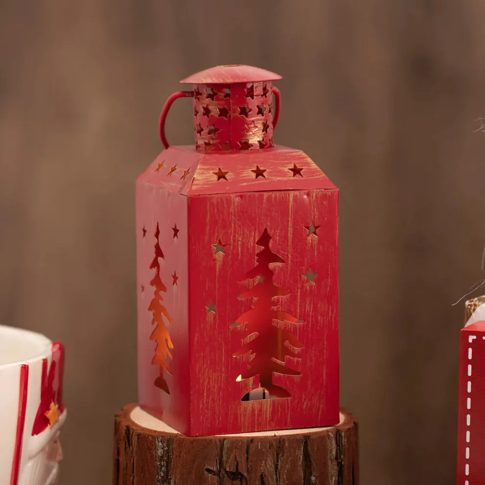 Karaca Home New Year Christmas Tree Metal Decorative Led Light Lantern, 13cm, Red