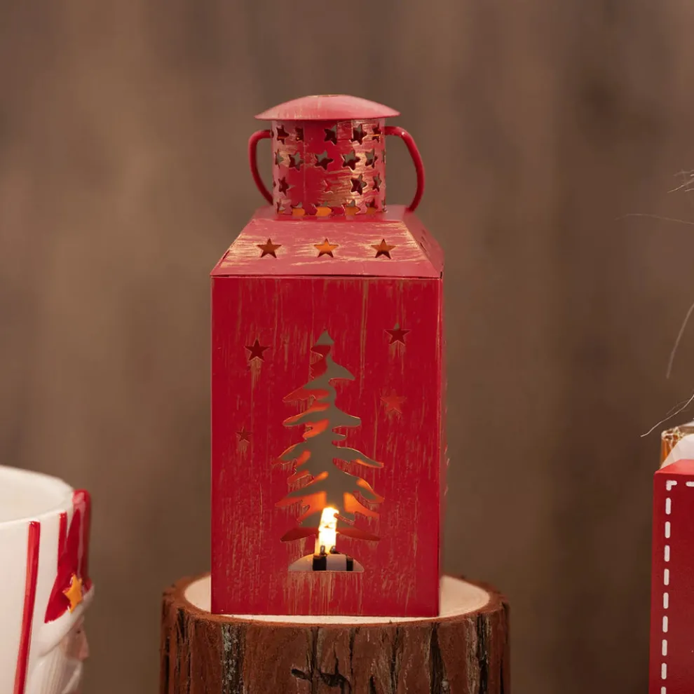 Karaca Home New Year Christmas Tree Metal Decorative Led Light Lantern, 13cm, Red