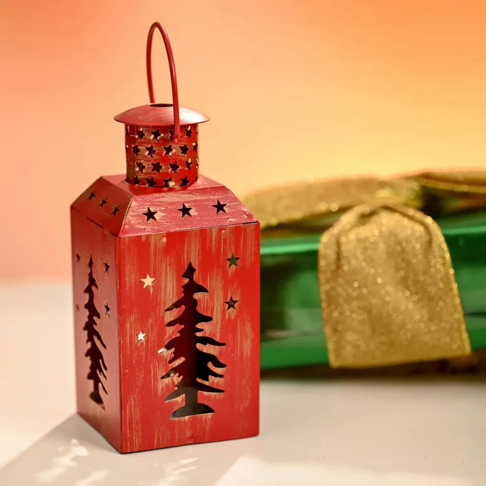 Karaca Home New Year Christmas Tree Metal Decorative Led Light Lantern, 13cm, Red