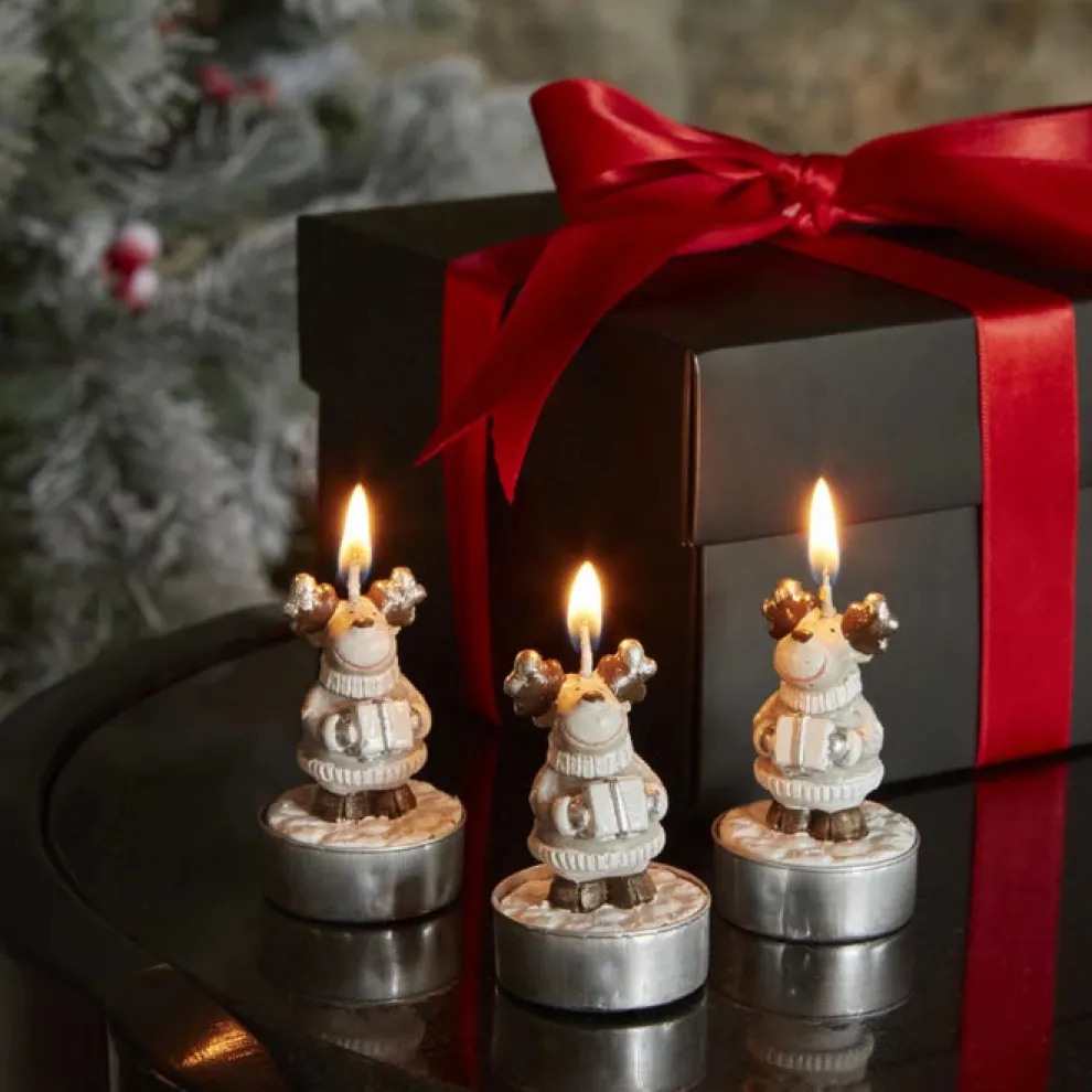Karaca Home New Year Reindeer 3-Piece Tealight Candles, Beige