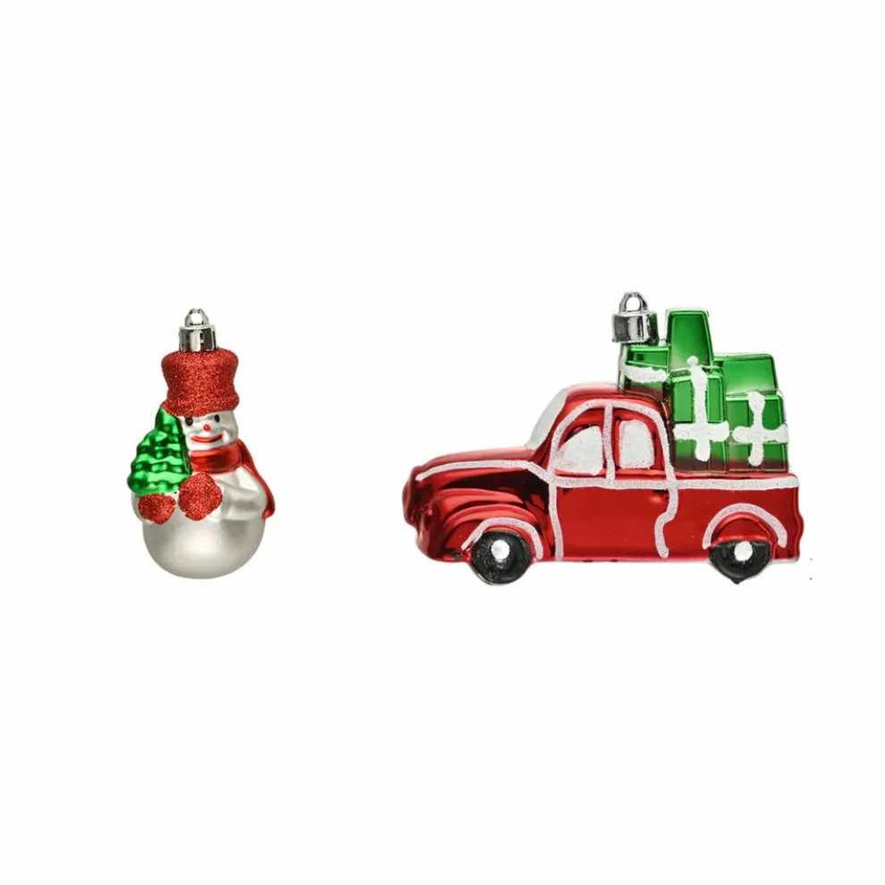 Karaca Home New Year Christmas Gift Truck & Snowman Tree Decoration Set, 2 Piece, 11cm, Multi