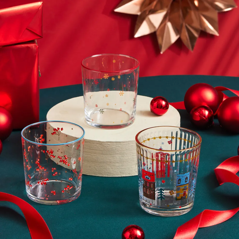Karaca Home New Year Christmas 3-Piece Butcher's Broom Glass Tumbler Set, 380ml, Multi