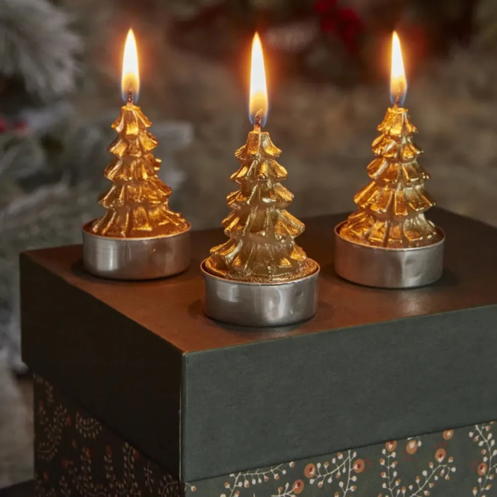 Karaca Home New Year Gold Tree 3-Piece Tealight Candles, Gold