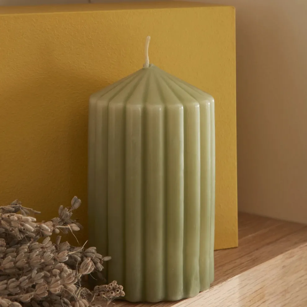 Karaca Home Stripped Pillar Candle, 7x12cm, Green
