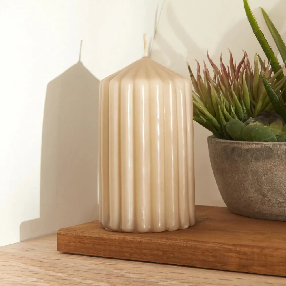 Karaca Home Stripped Pillar Candle, 7x12cm, Light Brown