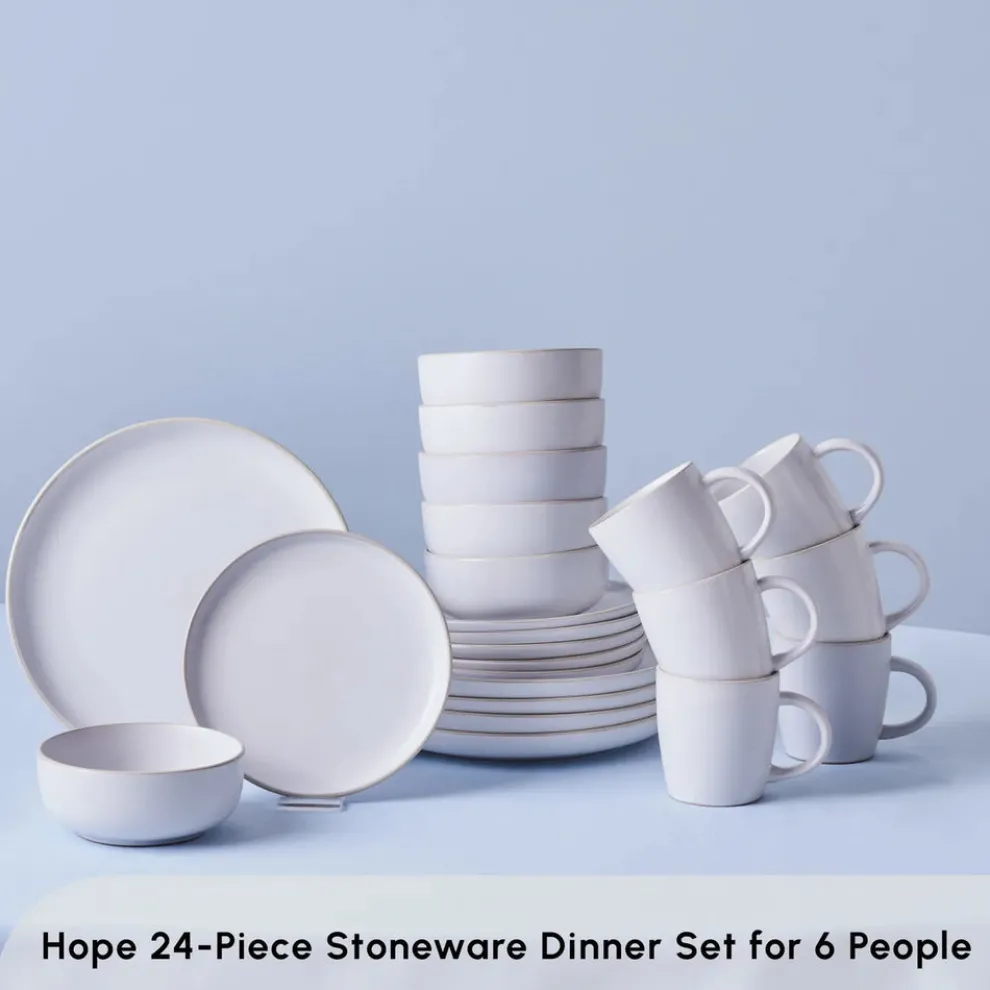 Karaca Hope 24-Piece Stoneware Dinner Set for 6 People, White Gold