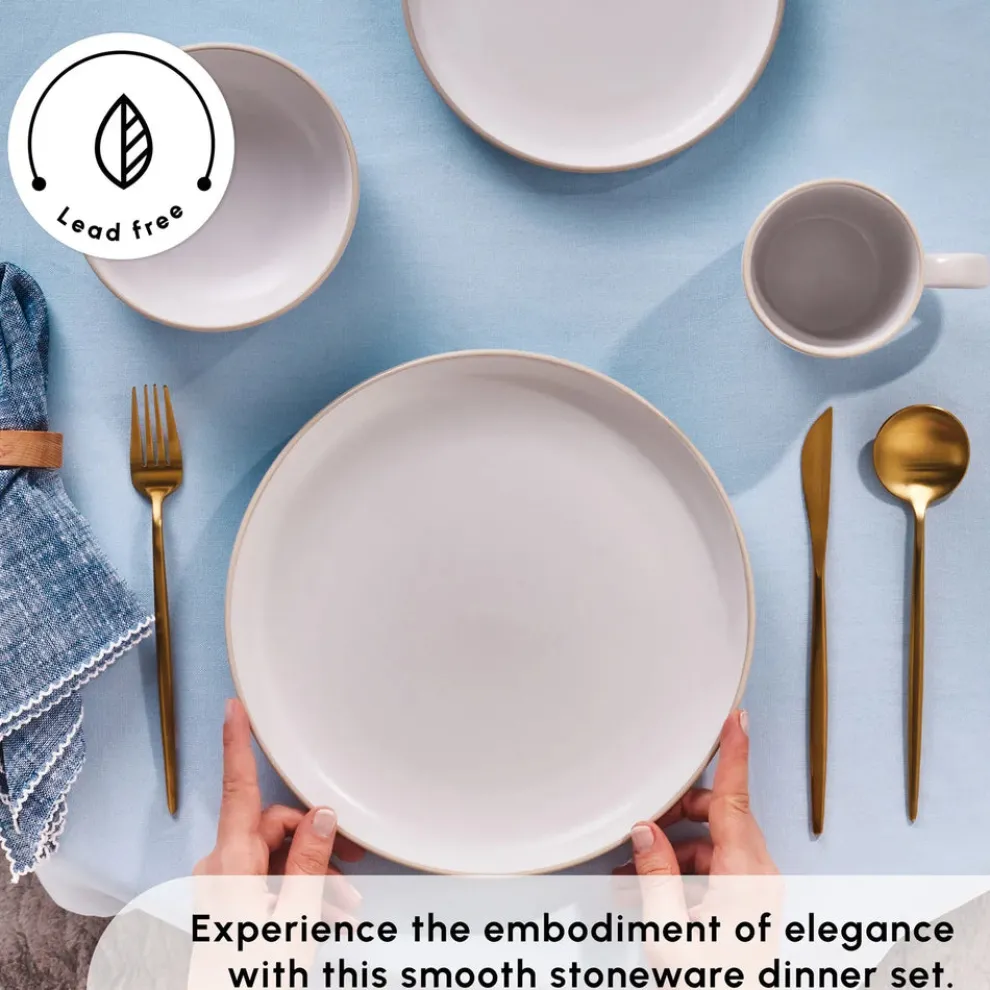 Karaca Hope 24-Piece Stoneware Dinner Set for 6 People, White Gold