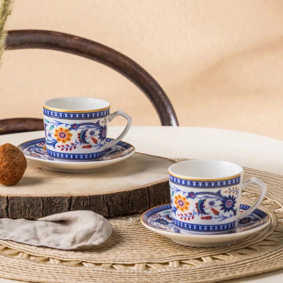 Karaca Ihlamur 4-Piece Bone China Espresso Turkish Coffee Cup Set for 2 People, 80ml, White Multi