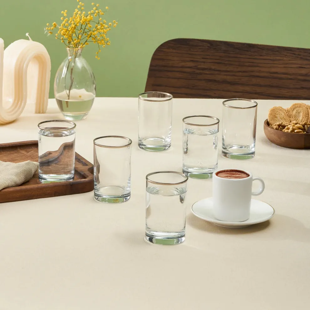 Karaca Işıl 6-Piece Glass Small Water Glass Set for 6 Person, 110ml, Transparent Platinium