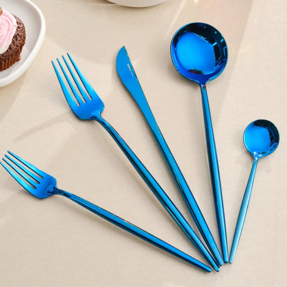 Karaca Jupiter 30-Piece Stainless Steel Cutlery Set for 6 People, Shiny Blue