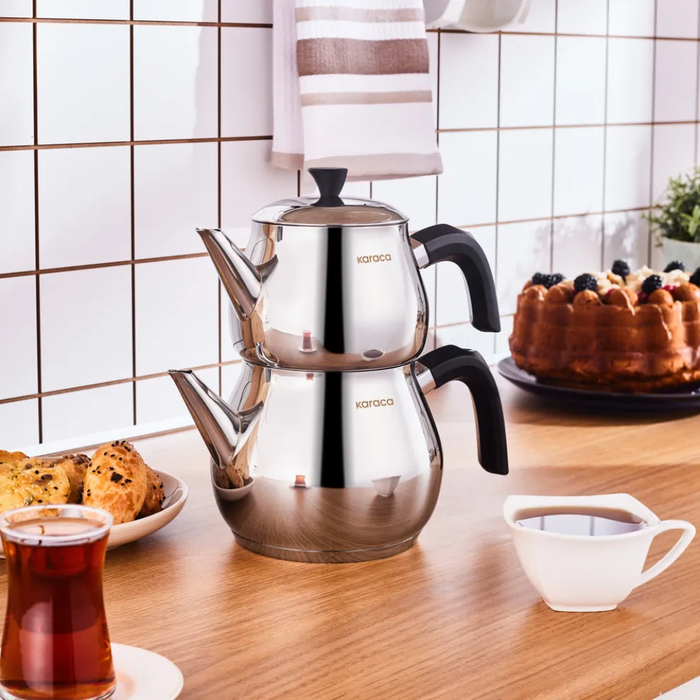 Karaca Kayra Stainless Steel Induction Teapot Set, Medium, Black Silver