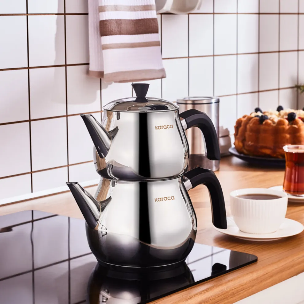Karaca Kayra Stainless Steel Induction Teapot Set, Medium, Black Silver