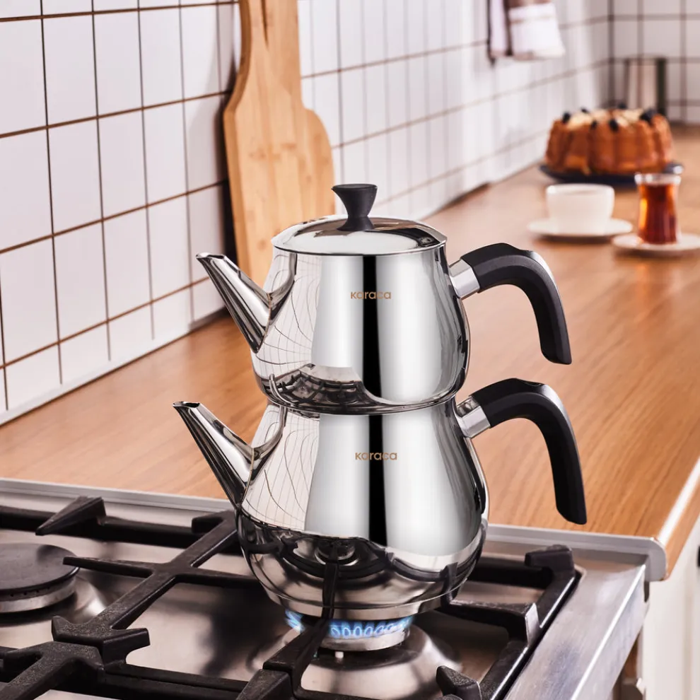 Karaca Kayra Stainless Steel Induction Teapot Set, Medium, Black Silver