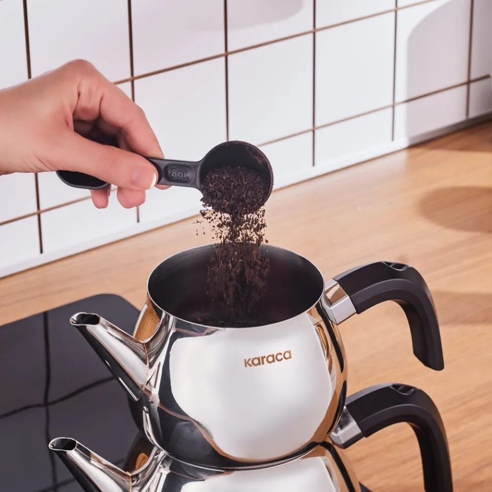 Karaca Kayra Stainless Steel Induction Teapot Set, Medium, Black Silver