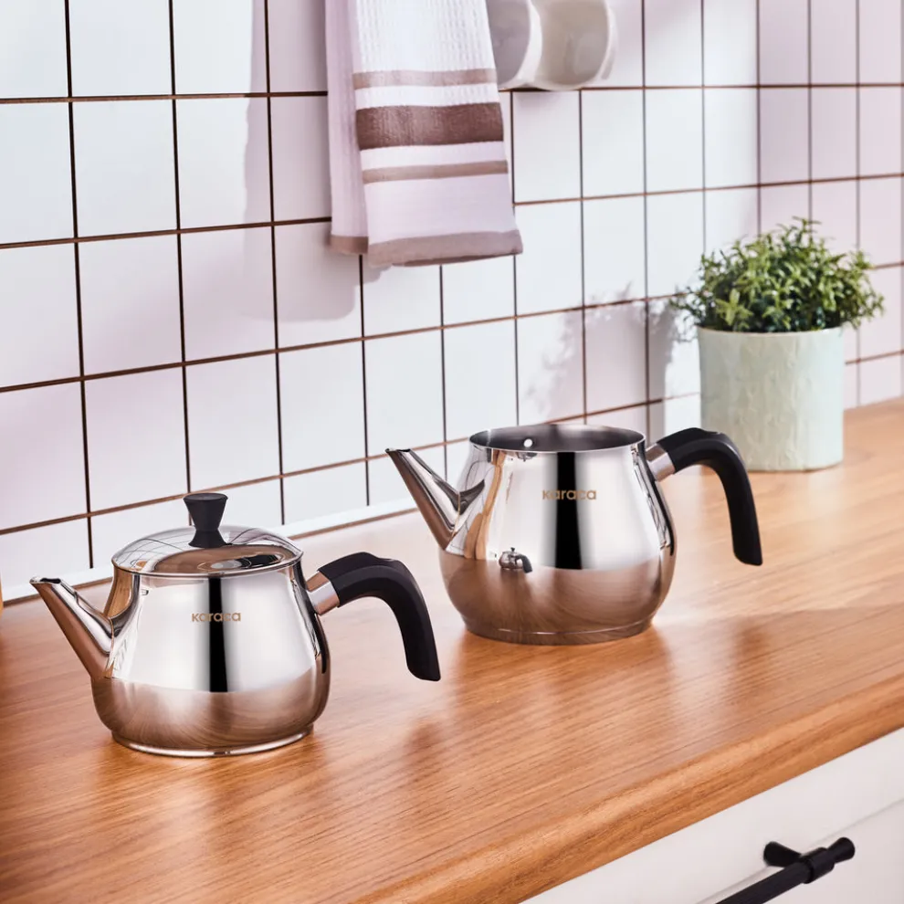 Karaca Kayra Stainless Steel Induction Teapot Set, Medium, Black Silver