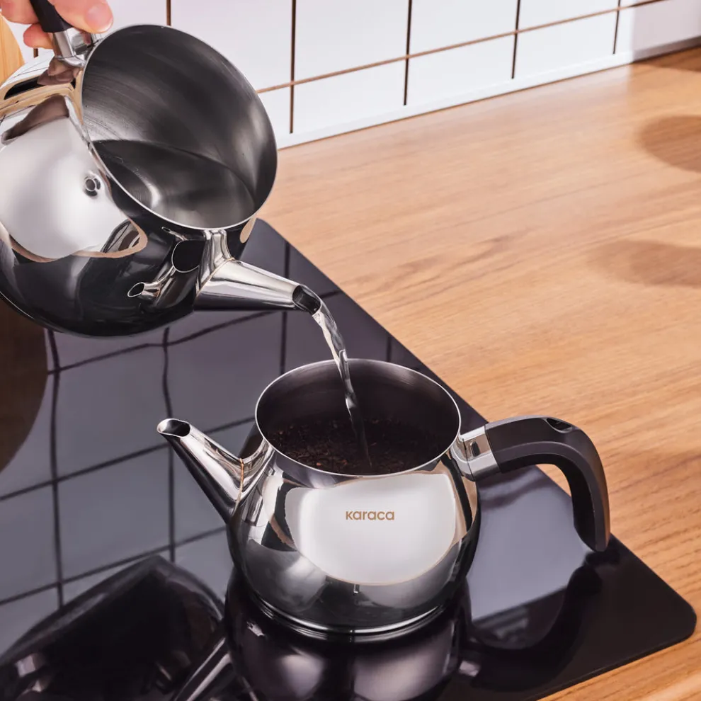 Karaca Kayra Stainless Steel Induction Teapot Set, Medium, Black Silver